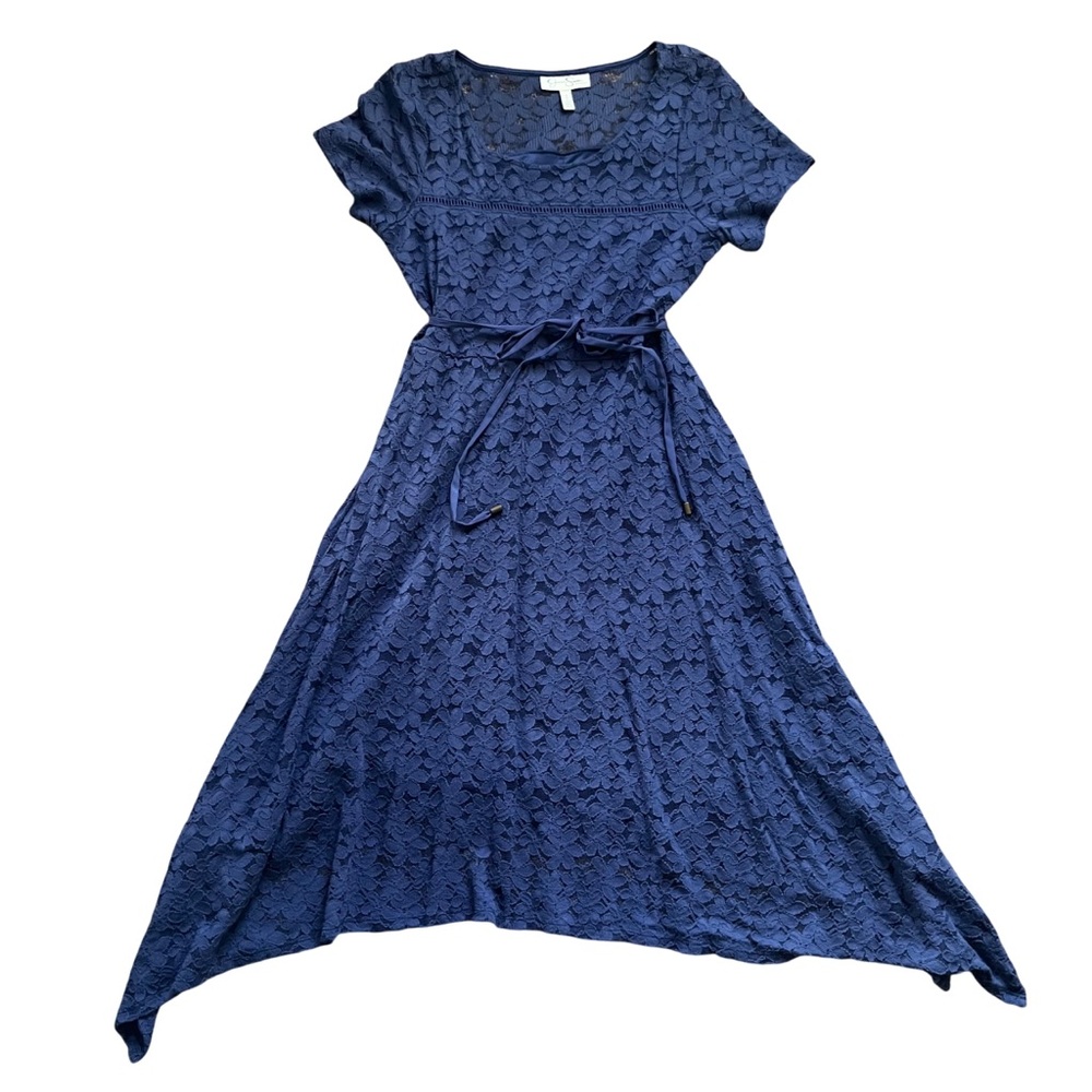 Jessica Simpson Blue Maternity Lace Handkerchief-Hem Dress, Medium Baby Shower